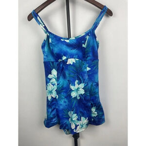 Vintage MAINSTREAM Blue Tropical Floral One Piece Swimsuit Dress Size 10